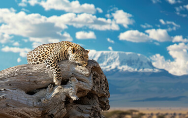 A leopard is lounging on top of an old tree trunk, with Mount Kilimanjaro in the background