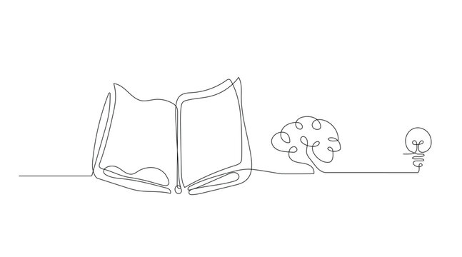 Single one line drawing of open text book for study find idea. Back to school minimalist, education concept. Continuous simple line draw style design graphic vector illustration