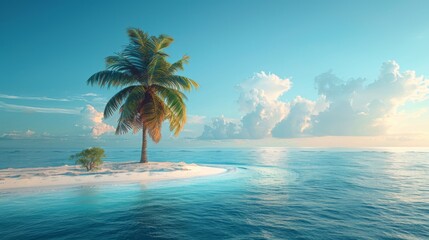 Solitary palm tree on a tiny desert island in the middle of a clear ocean on a sunny day