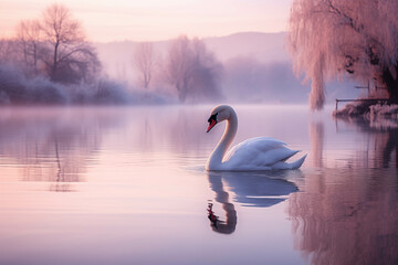 A graceful white swan swims peacefully in a serene, misty lake at sunrise, surrounded by soft pastel colors and frosty trees.