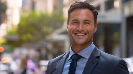 A handsome businessman with a winning smile exudes confidence as he moves through the bustling cityscape. 