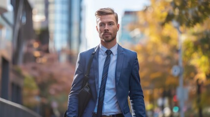 A handsome executive walks with purpose through the urban landscape, his expression radiating determination and ambition. 