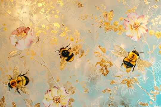 bumble bees and floral regency style wallpaper, pastels and golds