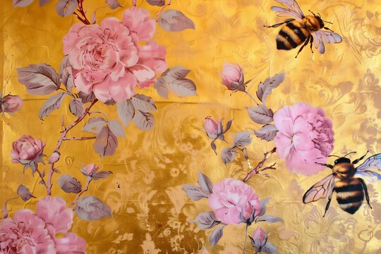 bumble bees and floral regency style wallpaper, pastels and golds