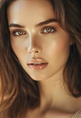 Obraz premium A perfect model with luscious brown hair and elegant makeup looks directly at the camera with a soft, tender expression, radiating beauty and poise. 