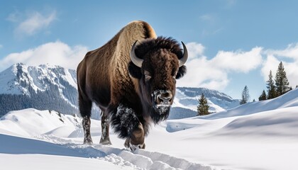 A mighty American Bison thick fur covered with frost and snow, Bison walks in extreme winter weather, standing above snow with a view of the frost mountains