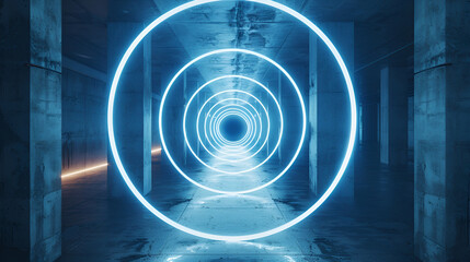 Bright blue neon abstract flowing rings or bands podium, abstract neon background with blue neon lines podium,  Abstract background with glowing neon circular frame