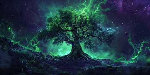 a cosmic tree of life like Yggdrasil, mossy greens color, dark purple color, dramatic lighting 