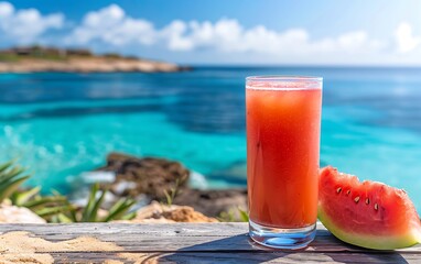 Refreshing watermelon cocktail on sandy beach with turquoise sea background