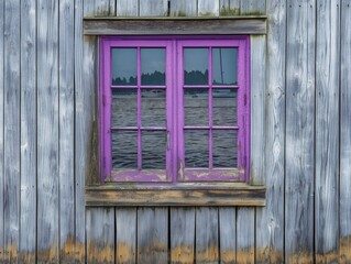 A window with a purple frame is open to the water