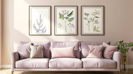 Cozy living room with a lavender sofa and three horizontal poster frames displaying botanical illustrations above it, against a soft beige wall.