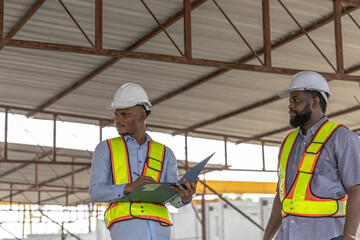Two male civil engineers from different cultures work together for quality check in a construction...