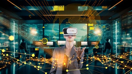 Businesswoman searching finance data dynamic stock world monitor by VR future global excellent innovation interface digital network technology virtual hologram at server control center. Contraption.