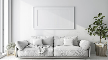 Empty blank horizontal poster frame mockup in a Scandinavian style living room interior with a white color scheme. 1 frame on the wall above a minimalist sofa, natural light flooding in.