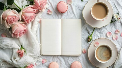 Coffee Cup, Macaroons, and Roses on a Table