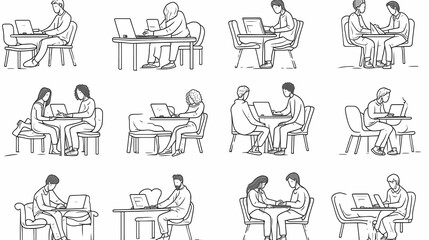 Fototapeta premium Set of black and white cartoon illustrations for freelancers Adults who have traveled far from isolated 2D cultures. Teleworking monochrome vector image collection
