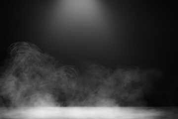 Podium black dark smoke background product platform abstract stage texture fog spotlight. Dark black floor podium dramatic empty night room table concrete wall scene place display studio smoky dust.
