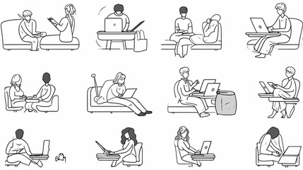 Set of black and white cartoon illustrations for freelancers Adults who have traveled far from isolated 2D cultures. Teleworking monochrome vector image collection