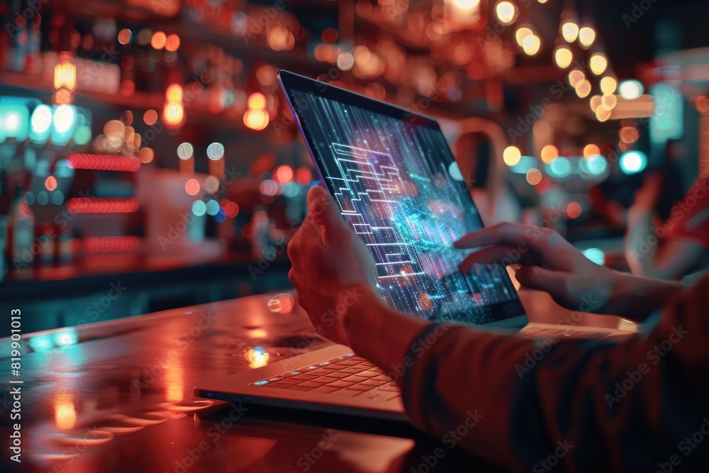 Poster a person using a laptop computer at a bar. suitable for technology and leisure concepts