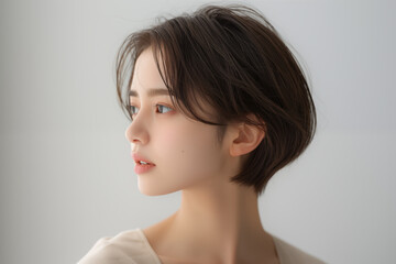 Close-up portrait of a young Asian woman with a thoughtful expression