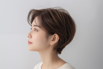 Close-up portrait of a young Asian woman with a thoughtful expression