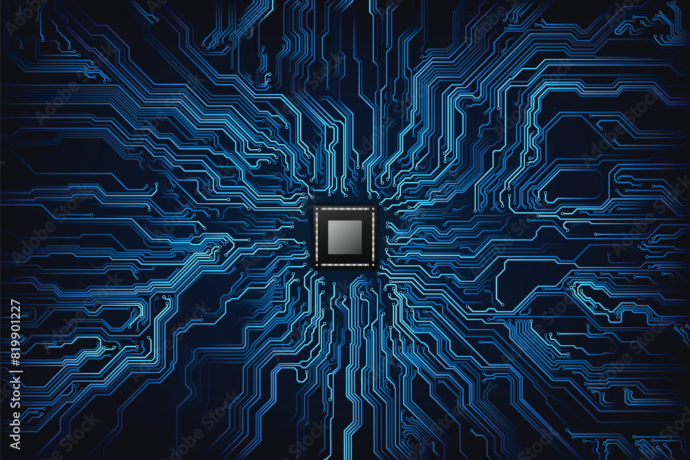 Poster cpu chip on motherboard - abstract 3d render of a computer processor chip on a circuit board with mi
