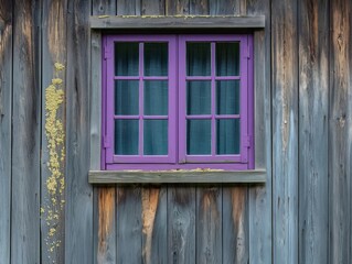 Fototapeta premium A window with purple curtains is shown in front of a wooden wall