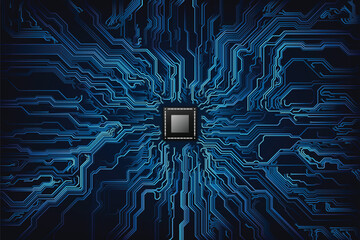 CPU Chip on Motherboard - abstract 3D render of a computer processor chip on a circuit board with microchips and other computer parts