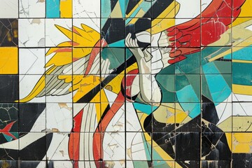 Fototapeta premium Vibrant painting on tiled wall, suitable for interior design projects