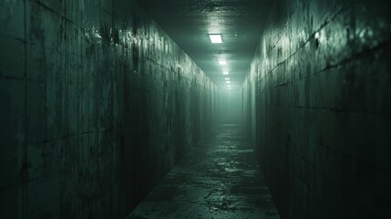 Long, dimly lit corridor with a greenish hue