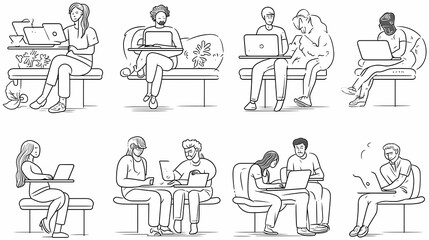 Set of black and white cartoon illustrations for freelancers Adults who have traveled far from isolated 2D cultures. Teleworking monochrome vector image collection
