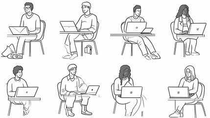 Set of black and white cartoon illustrations for freelancers Adults who have traveled far from isolated 2D cultures. Teleworking monochrome vector image collection