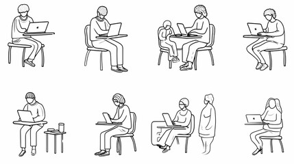 Set of black and white cartoon illustrations for freelancers Adults who have traveled far from isolated 2D cultures. Teleworking monochrome vector image collection