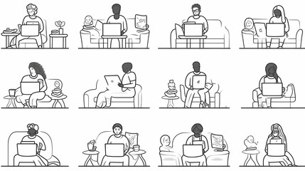 Set of black and white cartoon illustrations for freelancers Adults who have traveled far from isolated 2D cultures. Teleworking monochrome vector image collection