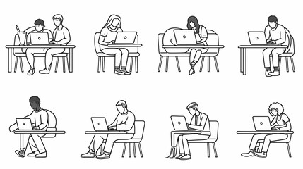 Set of black and white cartoon illustrations for freelancers Adults who have traveled far from isolated 2D cultures. Teleworking monochrome vector image collection