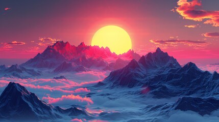 A mountain range with a bright sun shining over it, AI