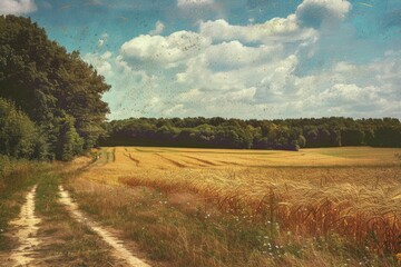 Fototapeta premium A serene view of a dirt road in a field with trees in the background. Suitable for nature or rural themed projects