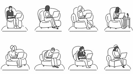 Set of black and white cartoon illustrations for freelancers Adults who have traveled far from isolated 2D cultures. Teleworking monochrome vector image collection