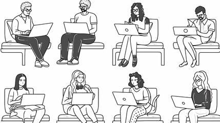 Set of black and white cartoon illustrations for freelancers Adults who have traveled far from isolated 2D cultures. Teleworking monochrome vector image collection