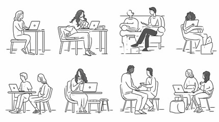Set of black and white cartoon illustrations for freelancers Adults who have traveled far from isolated 2D cultures. Teleworking monochrome vector image collection