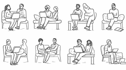 Set of black and white cartoon illustrations for freelancers Adults who have traveled far from isolated 2D cultures. Teleworking monochrome vector image collection
