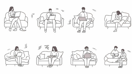 Set of black and white cartoon illustrations for freelancers Adults who have traveled far from isolated 2D cultures. Teleworking monochrome vector image collection