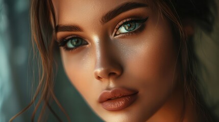 A vision of beauty and refinement, a young brunette with exquisite evening makeup gazes softly at the camera with a kind, tender expression, captivating viewers with her allure.