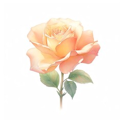 Single, soft peach rose in full bloom isolated on white background.