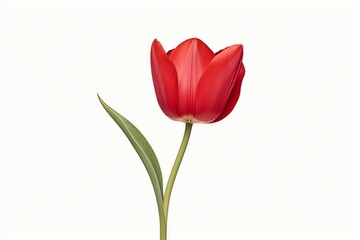 Single red tulip isolated on white background.