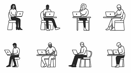 Set of black and white cartoon illustrations for freelancers Adults who have traveled far from isolated 2D cultures. Teleworking monochrome vector image collection