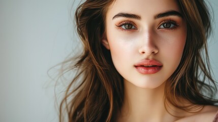 Fototapeta premium A vision of beauty and sophistication, a young woman with brown hair and delicate evening makeup gazes directly at the viewer, exuding confidence and grace.