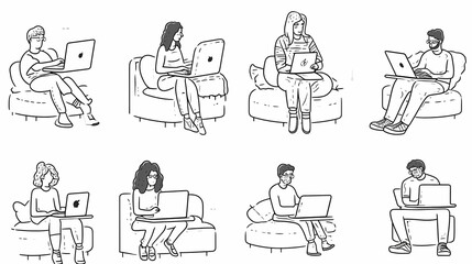 Set of black and white cartoon illustrations for freelancers Adults who have traveled far from isolated 2D cultures. Teleworking monochrome vector image collection
