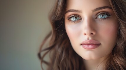 A vision of elegance, a young woman with brown hair and delicate evening makeup exudes sophistication as she gazes serenely at the camera with a tender expression.