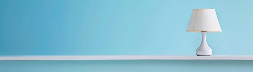 Minimalist white lamp on a clean white shelf against a light blue wall, showcasing simple home decor and interior design style.